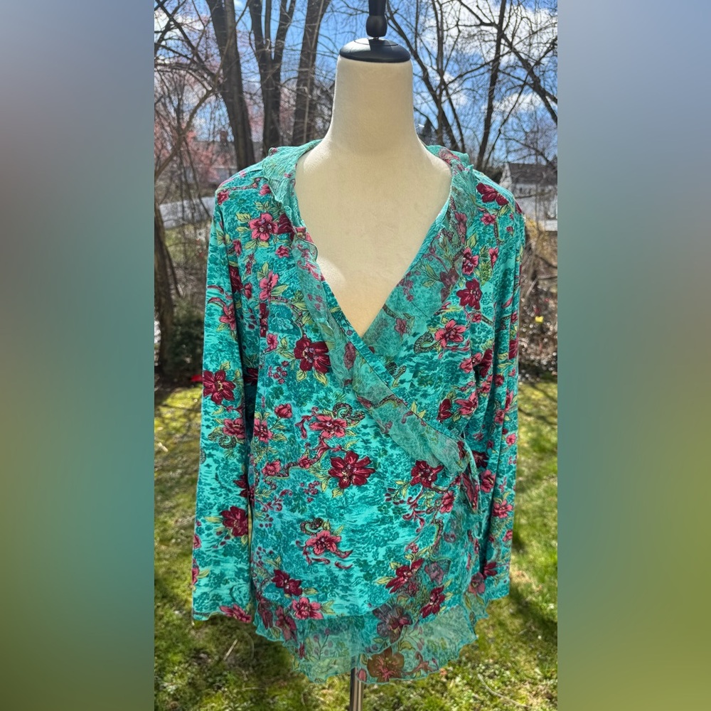 Coldwater Creek Ruffle Vibrant Floral Faux Wrap V Neck 3/4 Sleeve Size 1X NWT